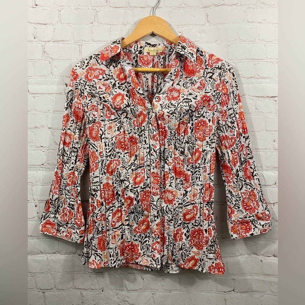Brina & Em Orange Floral Paisley 3/4 Sleeve Form Fit Women’s Size Medium Blouse